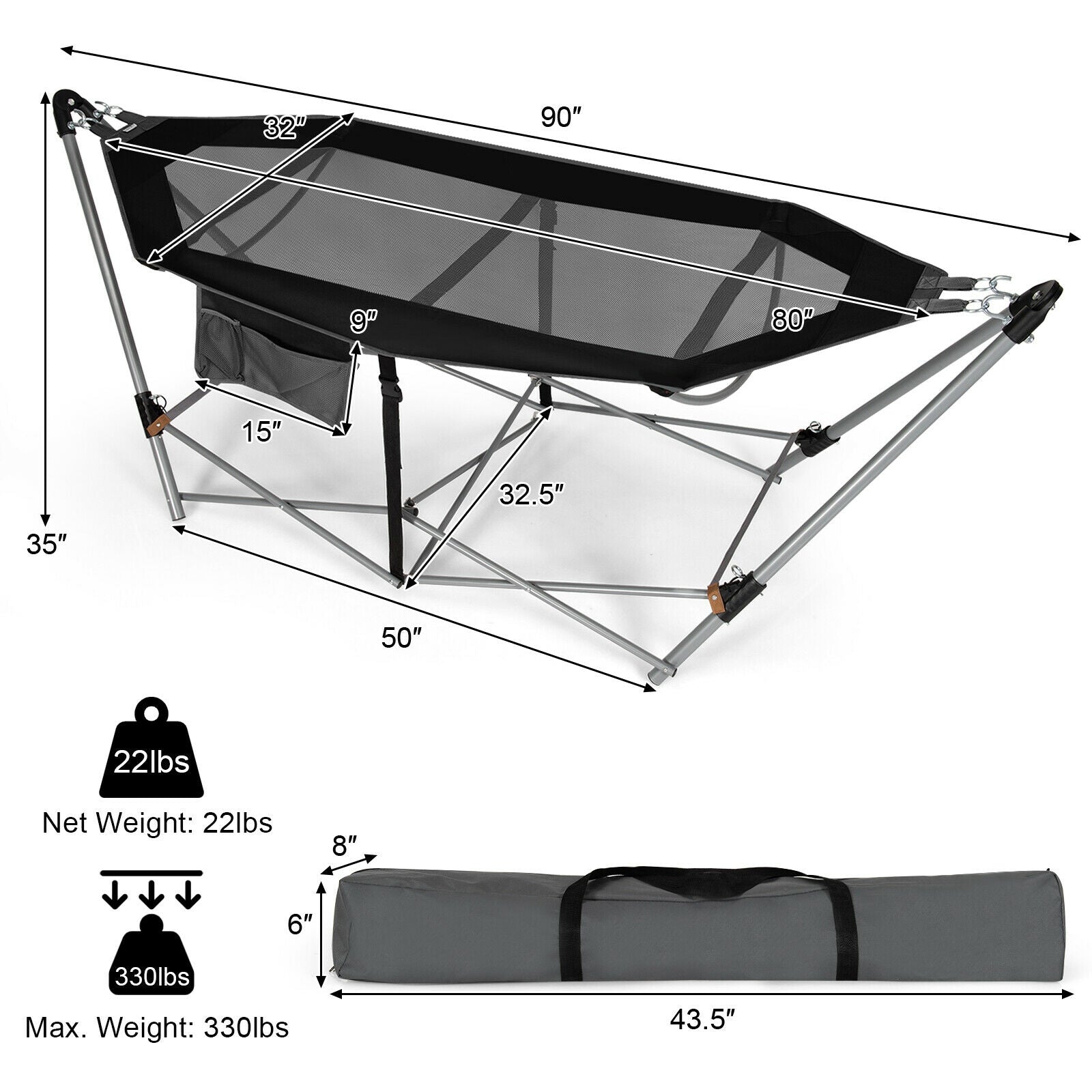 Folding Hammock Indoor Outdoor Hammock with Side Pocket and Iron Stand-Black 