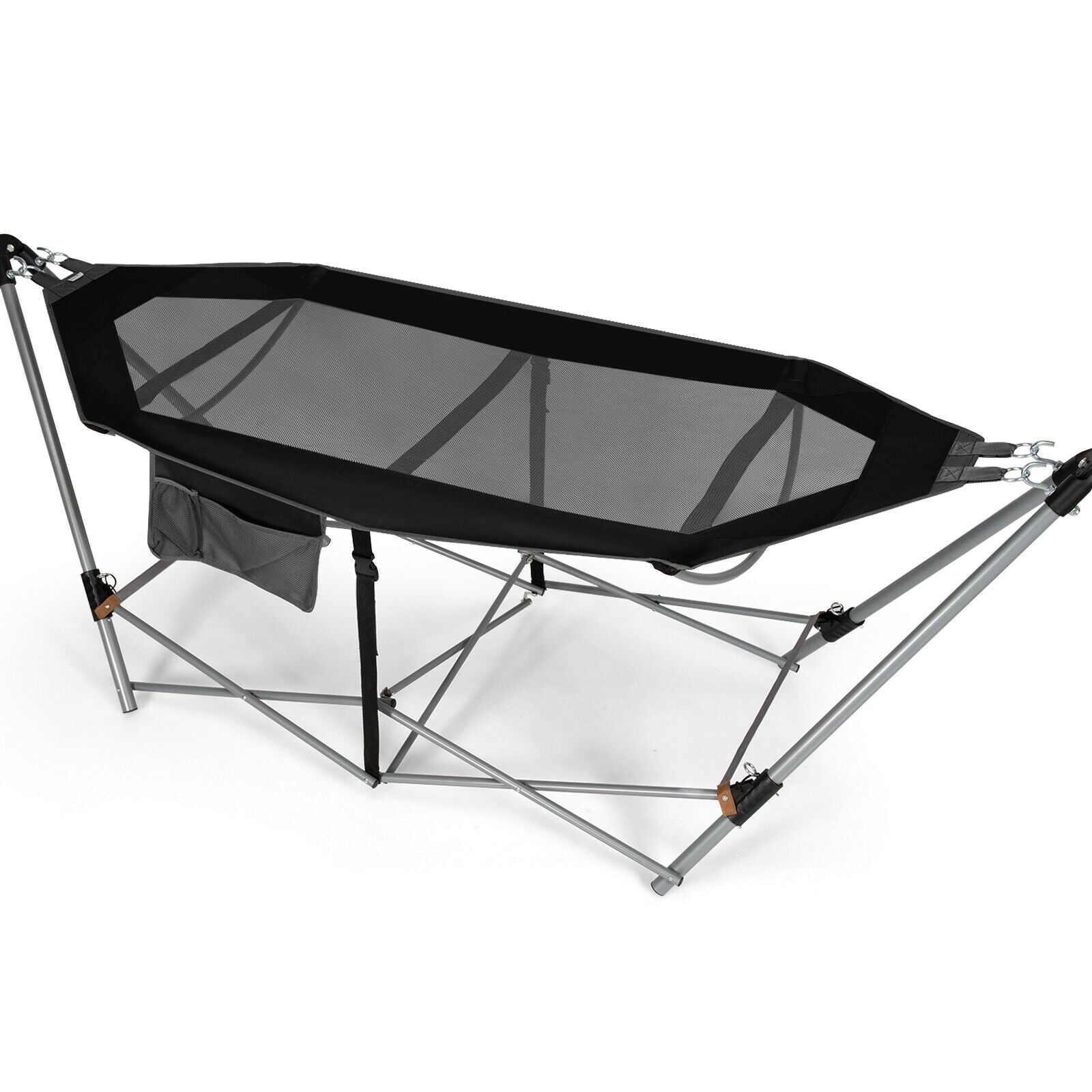 Folding Hammock Indoor Outdoor Hammock with Side Pocket and Iron Stand-Black 