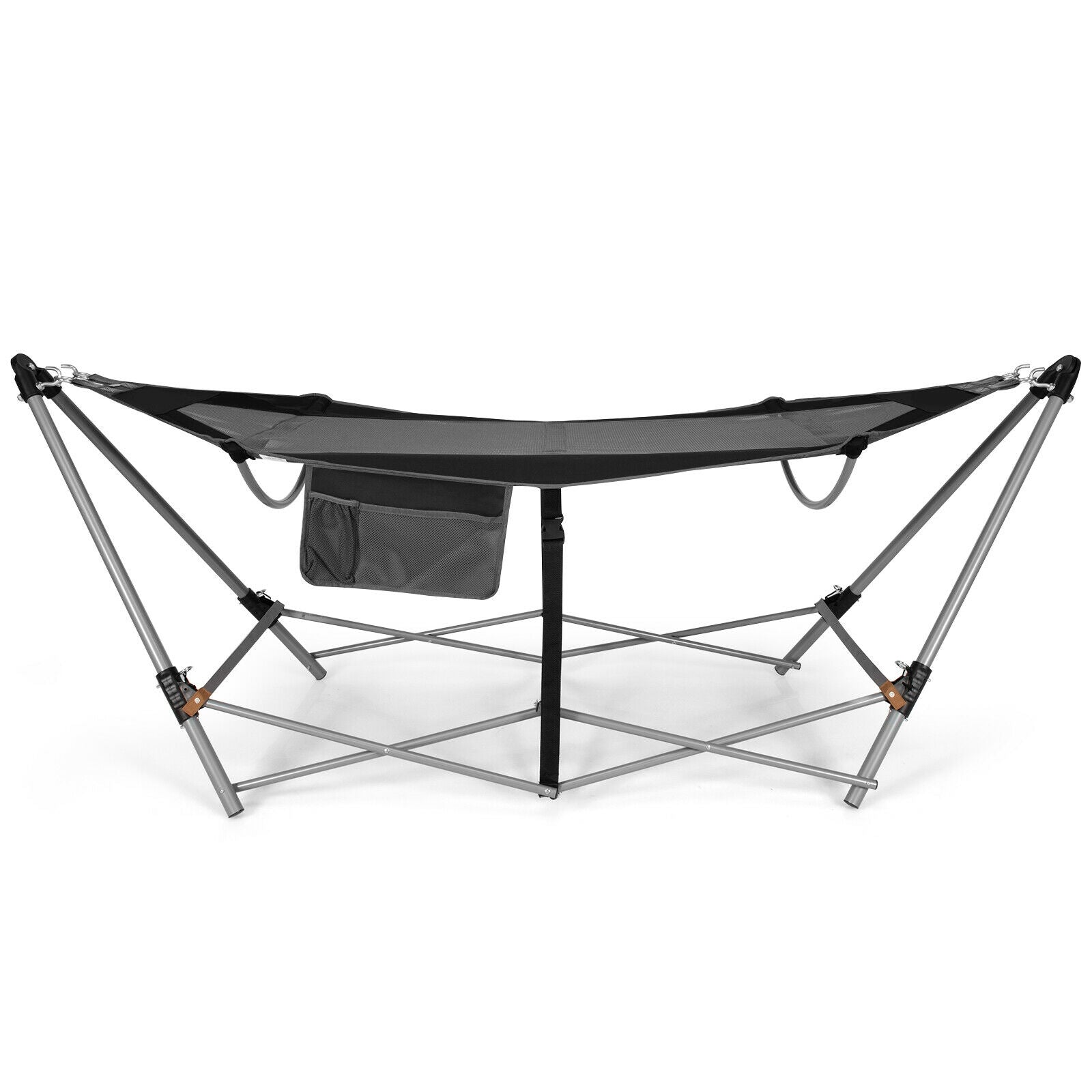 Folding Hammock Indoor Outdoor Hammock with Side Pocket and Iron Stand-Black