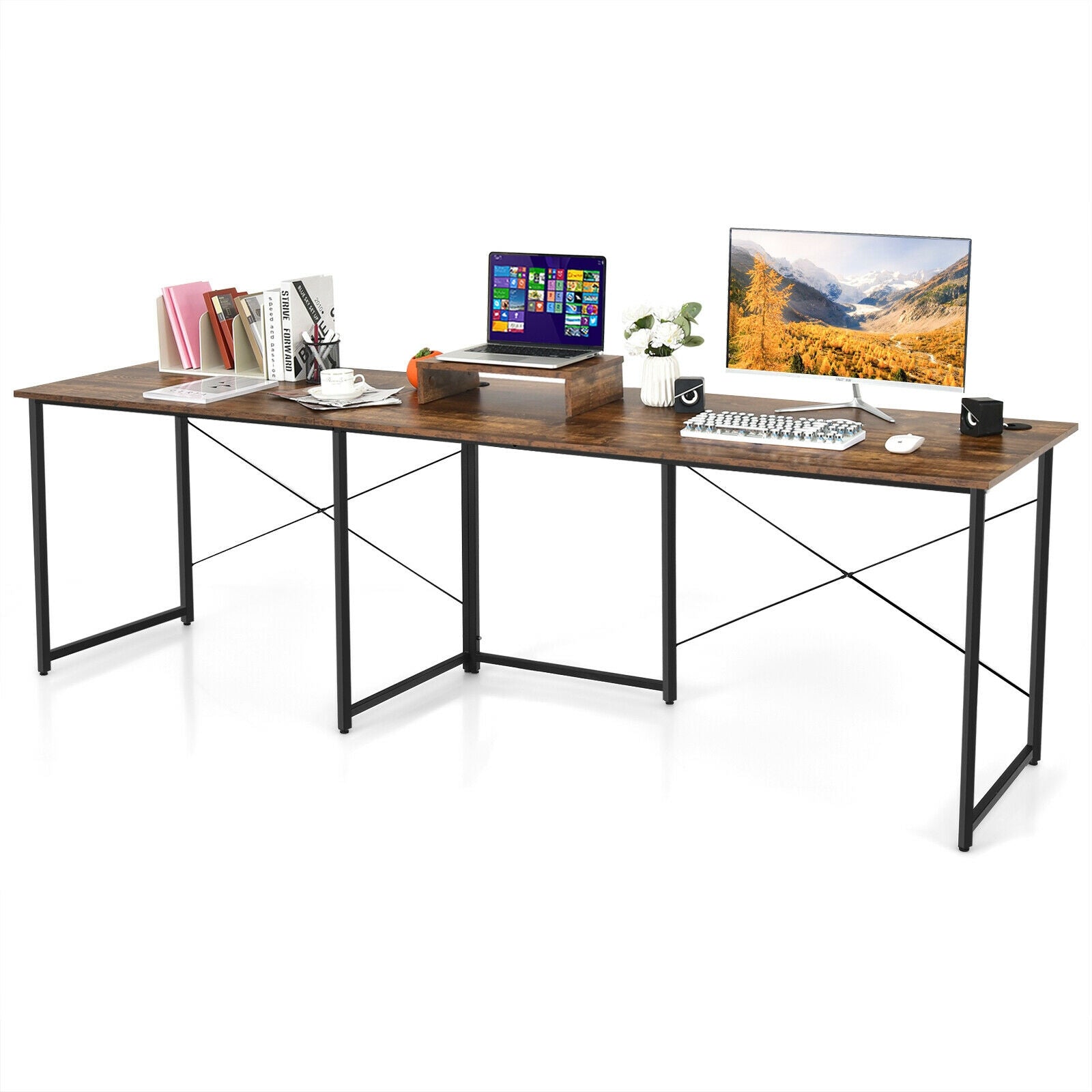 95 Inch 2-Person L-Shaped Long Reversible Computer Desk with Monitor Stand-Rustic Brown