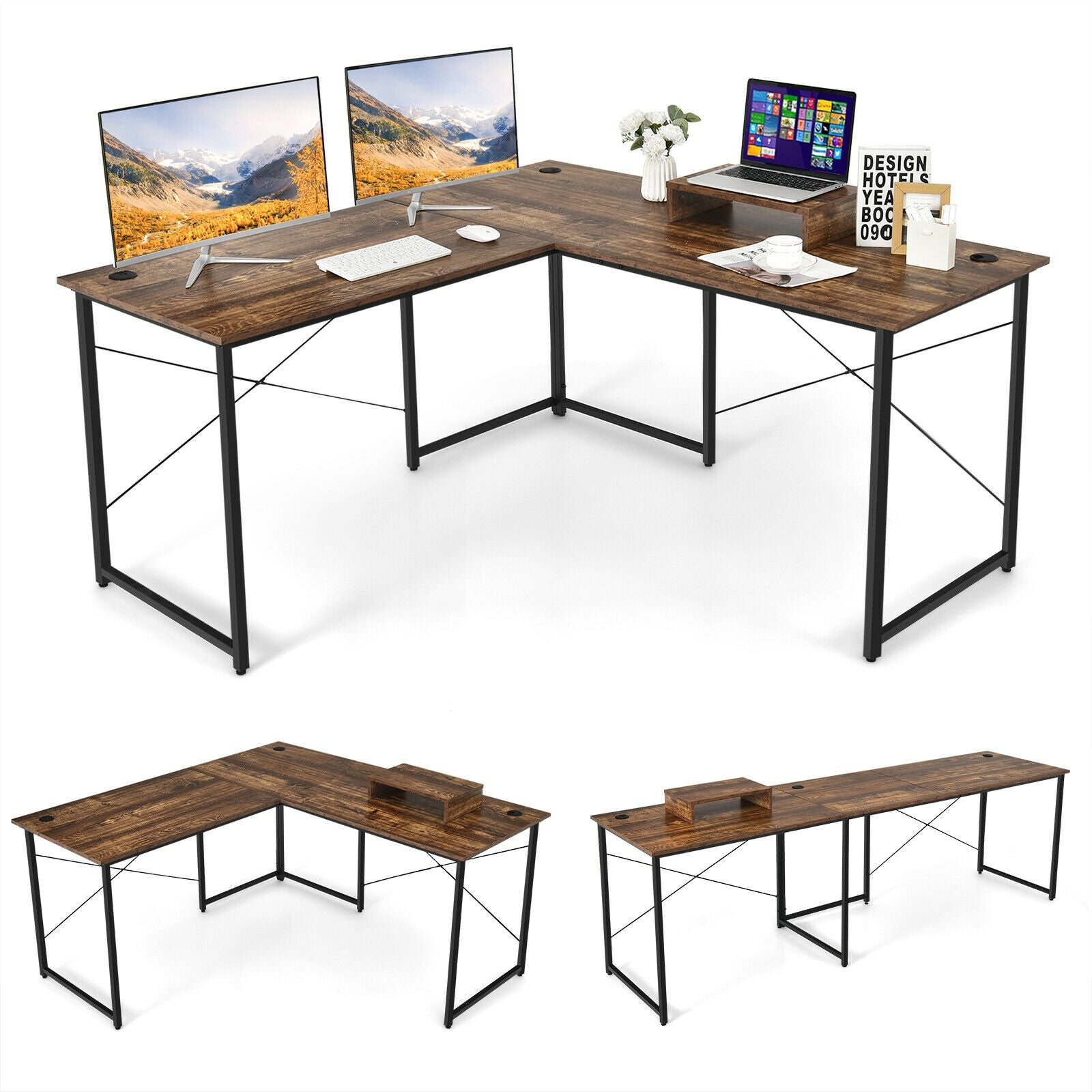 95 Inch 2-Person L-Shaped Long Reversible Computer Desk with Monitor Stand-Rustic Brown