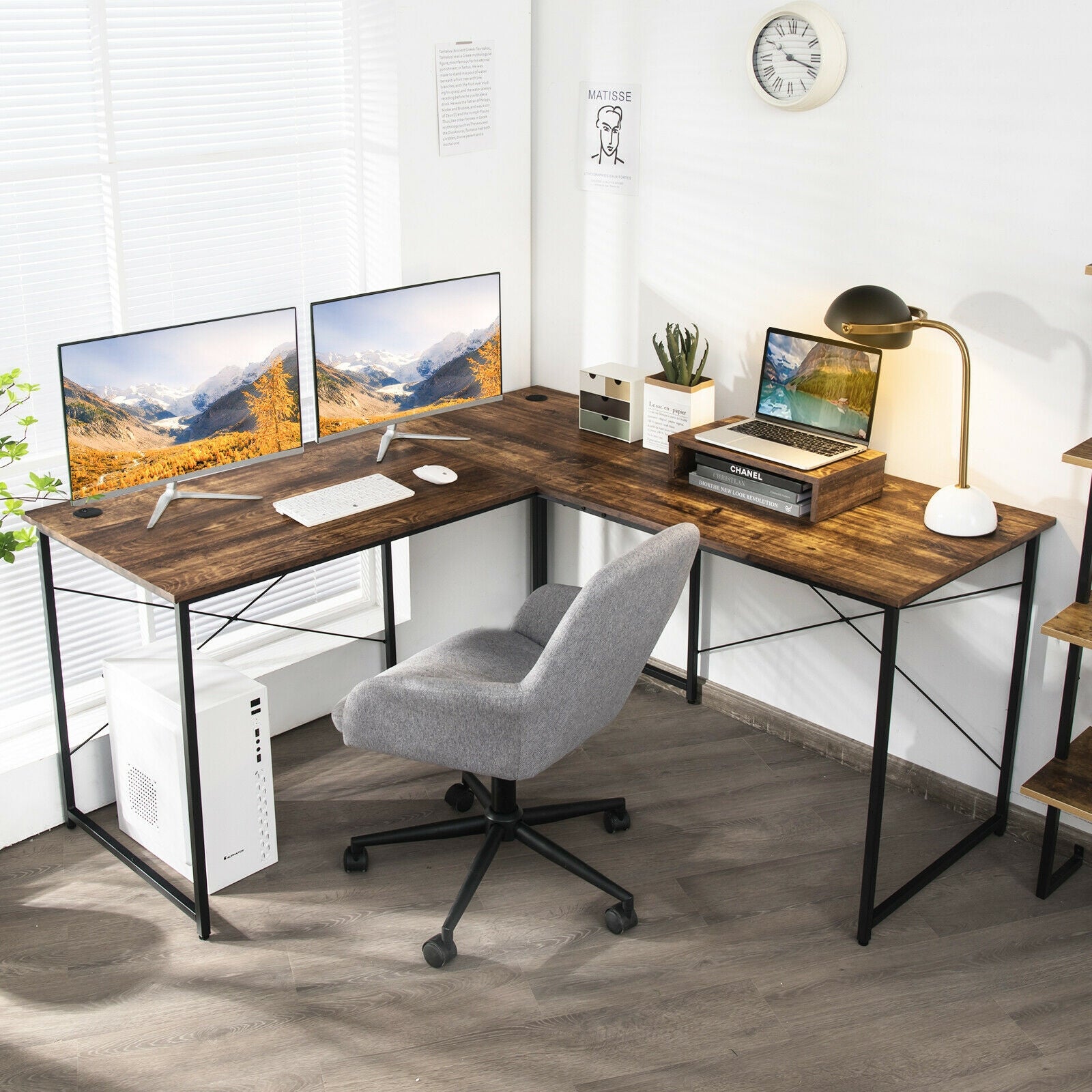 95 Inch 2-Person L-Shaped Long Reversible Computer Desk with Monitor Stand-Rustic Brown 