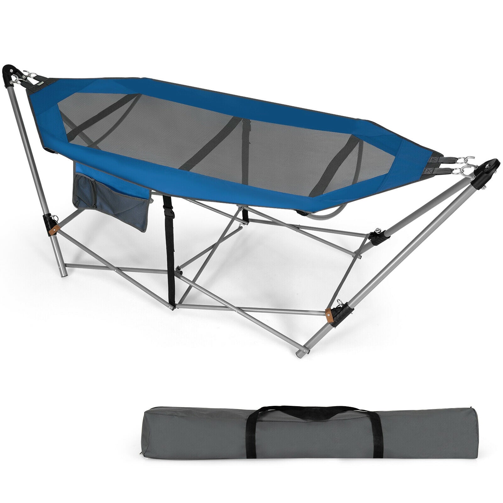 Folding Hammock Indoor Outdoor Hammock with Side Pocket and Iron Stand-Blue