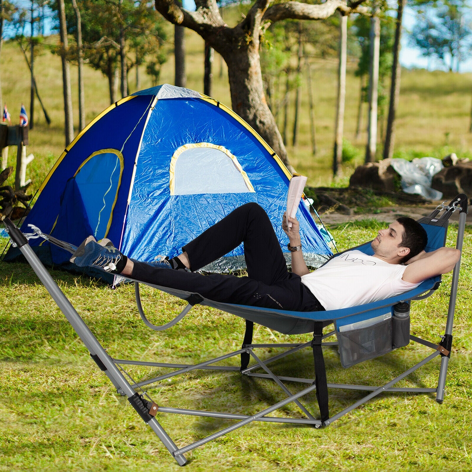 Folding Hammock Indoor Outdoor Hammock with Side Pocket and Iron Stand-Blue 