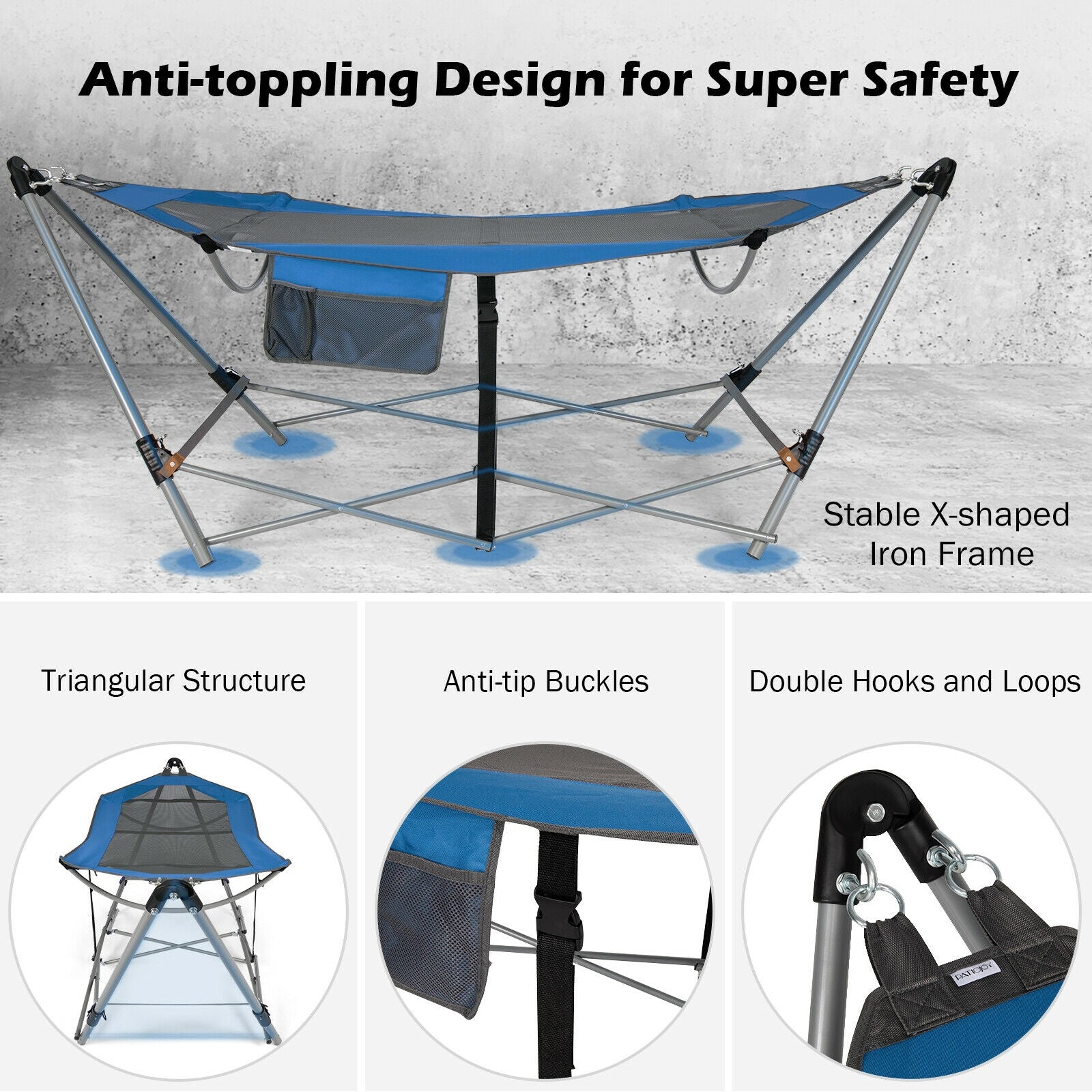 Folding Hammock Indoor Outdoor Hammock with Side Pocket and Iron Stand-Blue 