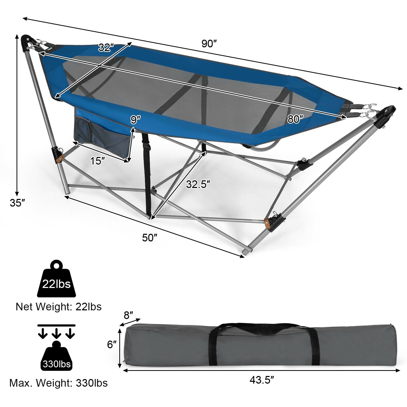 Folding Hammock Indoor Outdoor Hammock with Side Pocket and Iron Stand-Blue