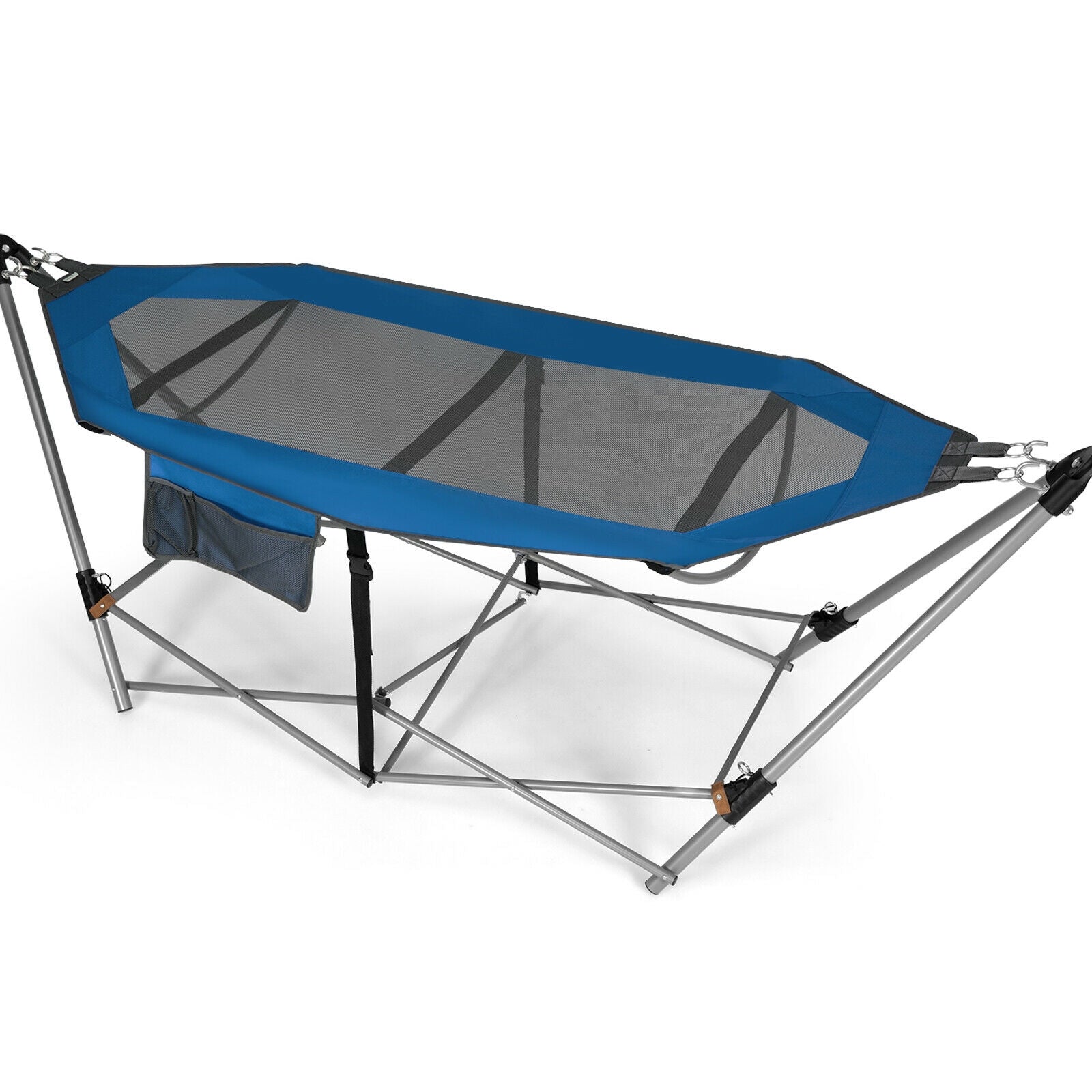 Folding Hammock Indoor Outdoor Hammock with Side Pocket and Iron Stand-Blue 