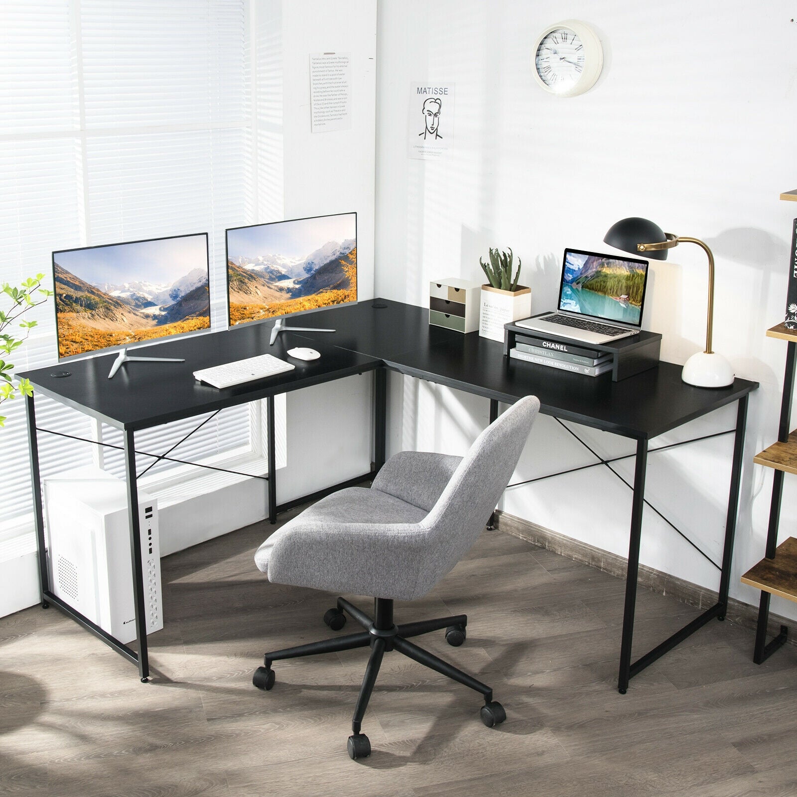 95 Inch 2-Person L-Shaped Long Reversible Computer Desk with Monitor Stand-Black 