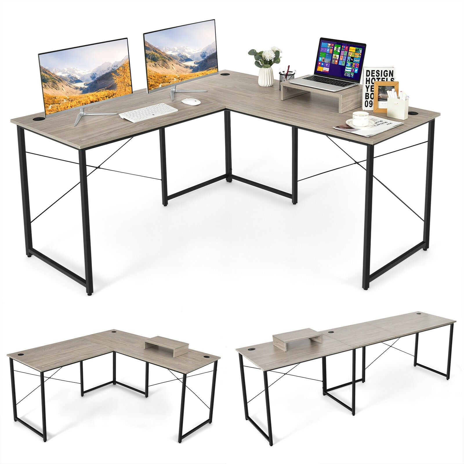 95 Inch 2-Person L-Shaped Long Reversible Computer Desk with Monitor Stand-Gray