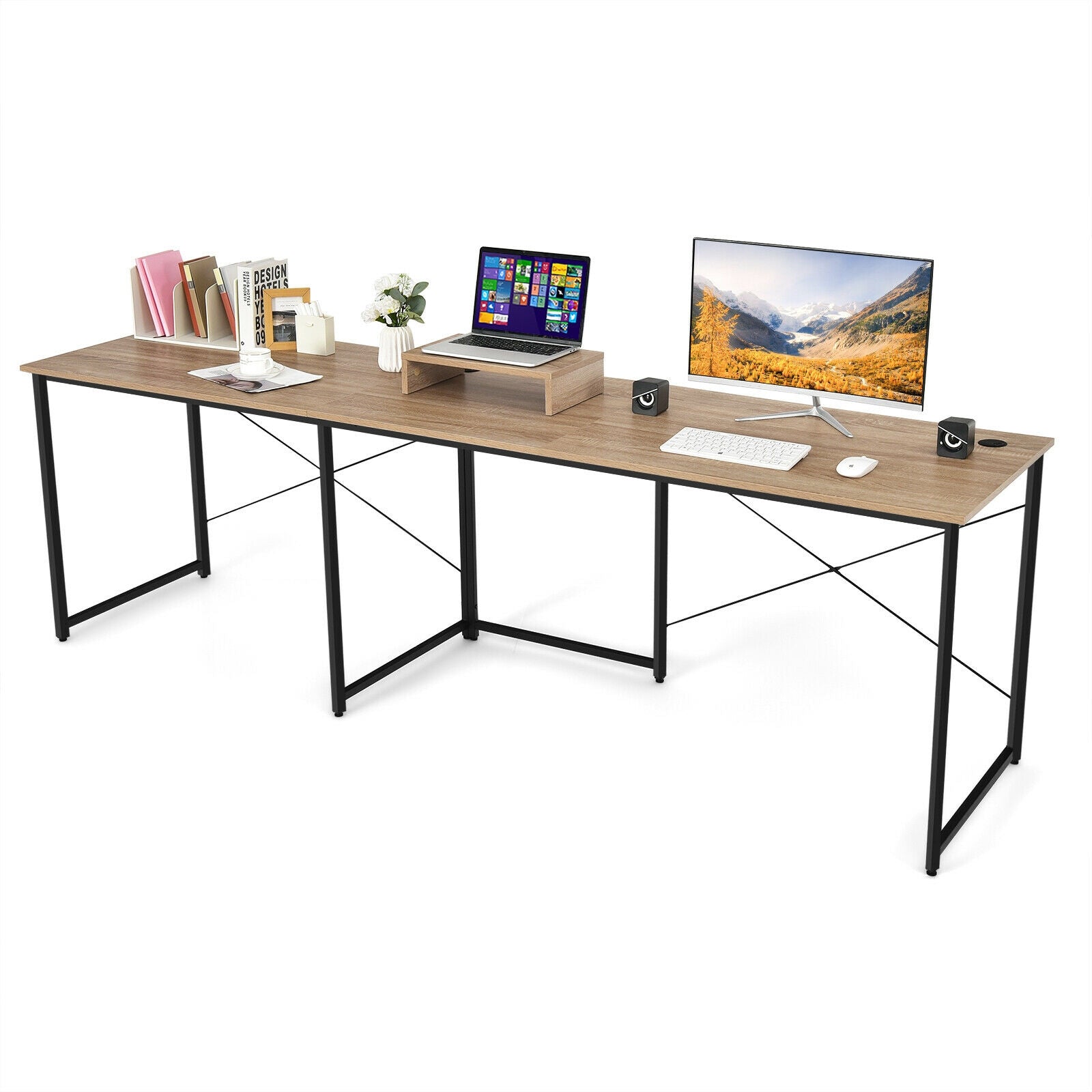 95 Inch 2-Person L-Shaped Long Reversible Computer Desk with Monitor Stand-Natural