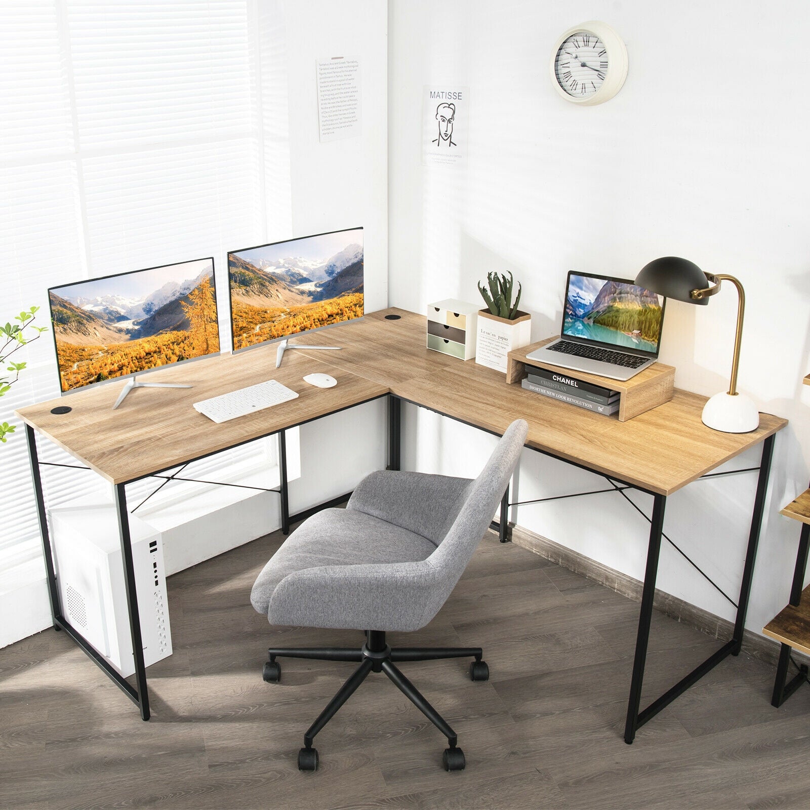 95 Inch 2-Person L-Shaped Long Reversible Computer Desk with Monitor Stand-Natural 