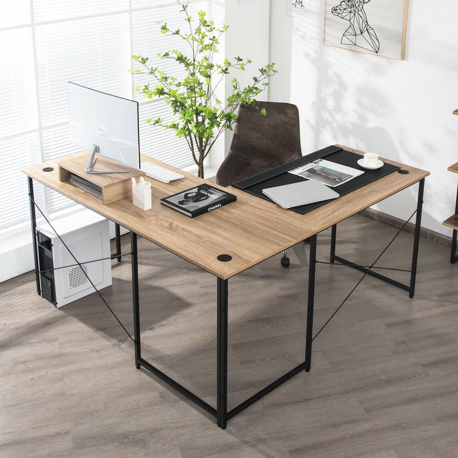 95 Inch 2-Person L-Shaped Long Reversible Computer Desk with Monitor Stand-Natural