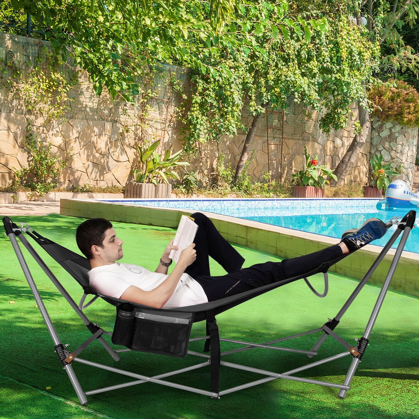 Folding Hammock Indoor Outdoor Hammock with Side Pocket and Iron Stand-Gray 