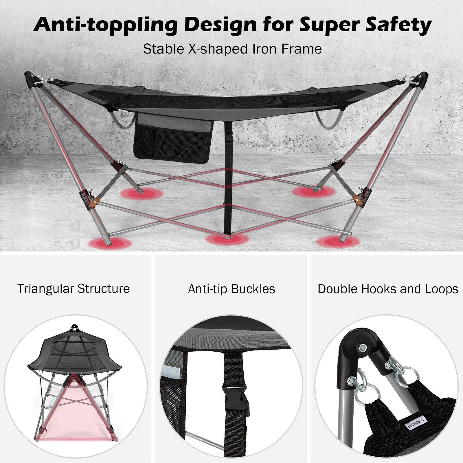 Folding Hammock Indoor Outdoor Hammock with Side Pocket and Iron Stand-Gray 