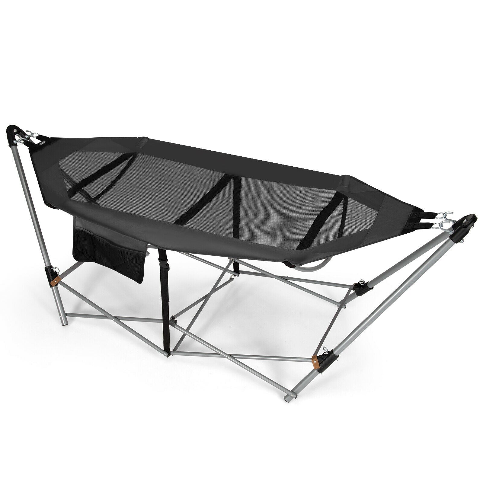 Folding Hammock Indoor Outdoor Hammock with Side Pocket and Iron Stand-Gray 