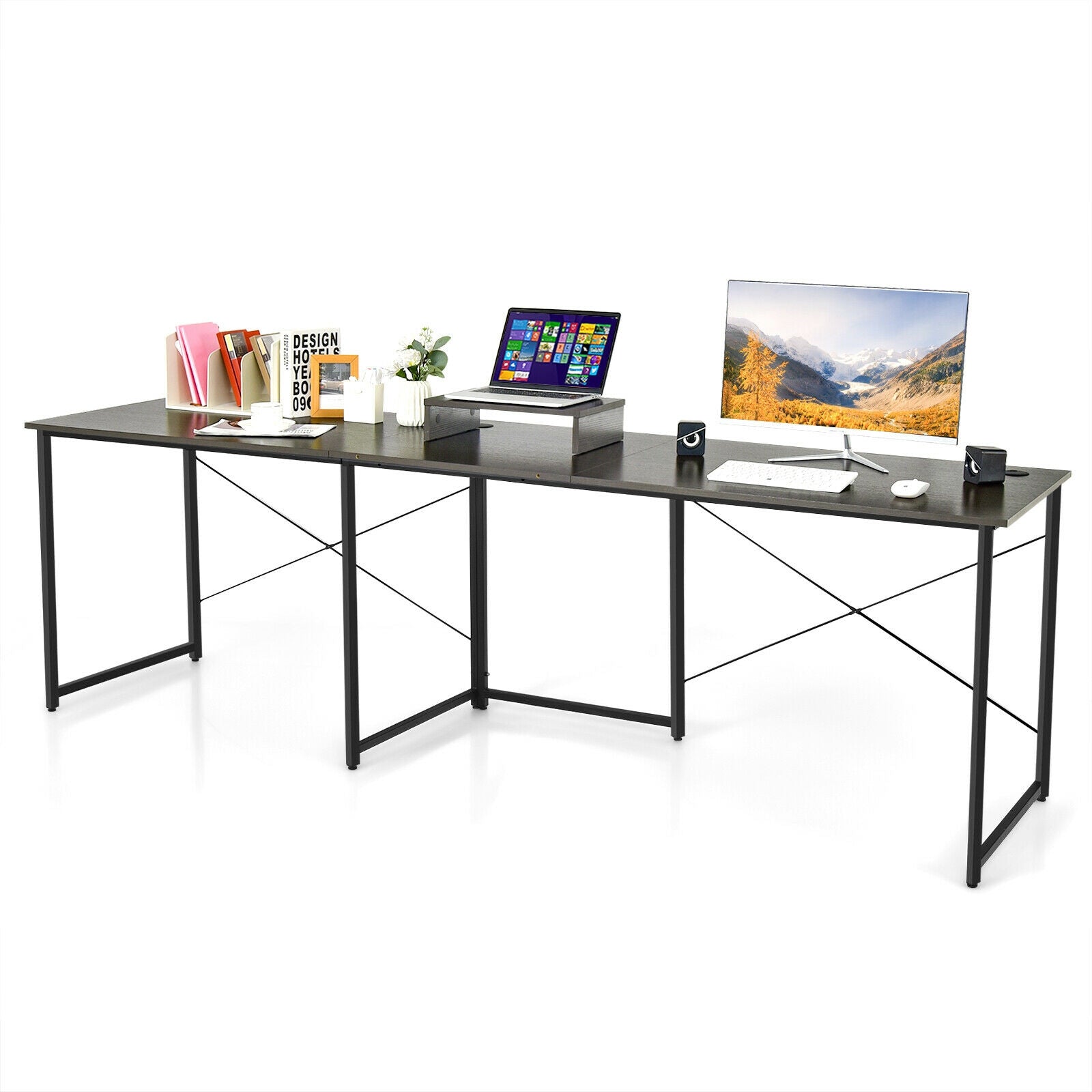 95 Inch 2-Person L-Shaped Long Reversible Computer Desk with Monitor Stand-Brown