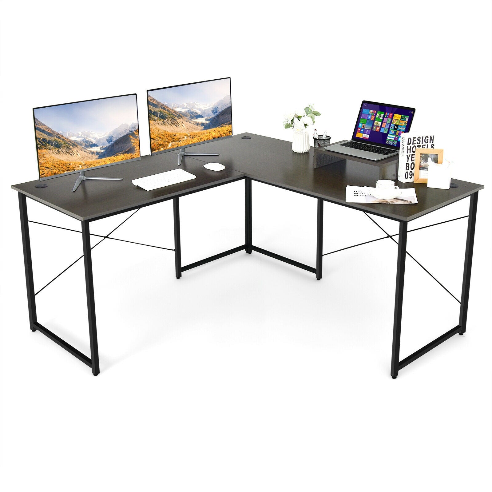 95 Inch 2-Person L-Shaped Long Reversible Computer Desk with Monitor Stand-Brown