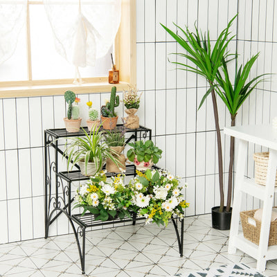3-Tier Metal Plant Stand with Widened Grid Shelf for Porch Garden-Black 