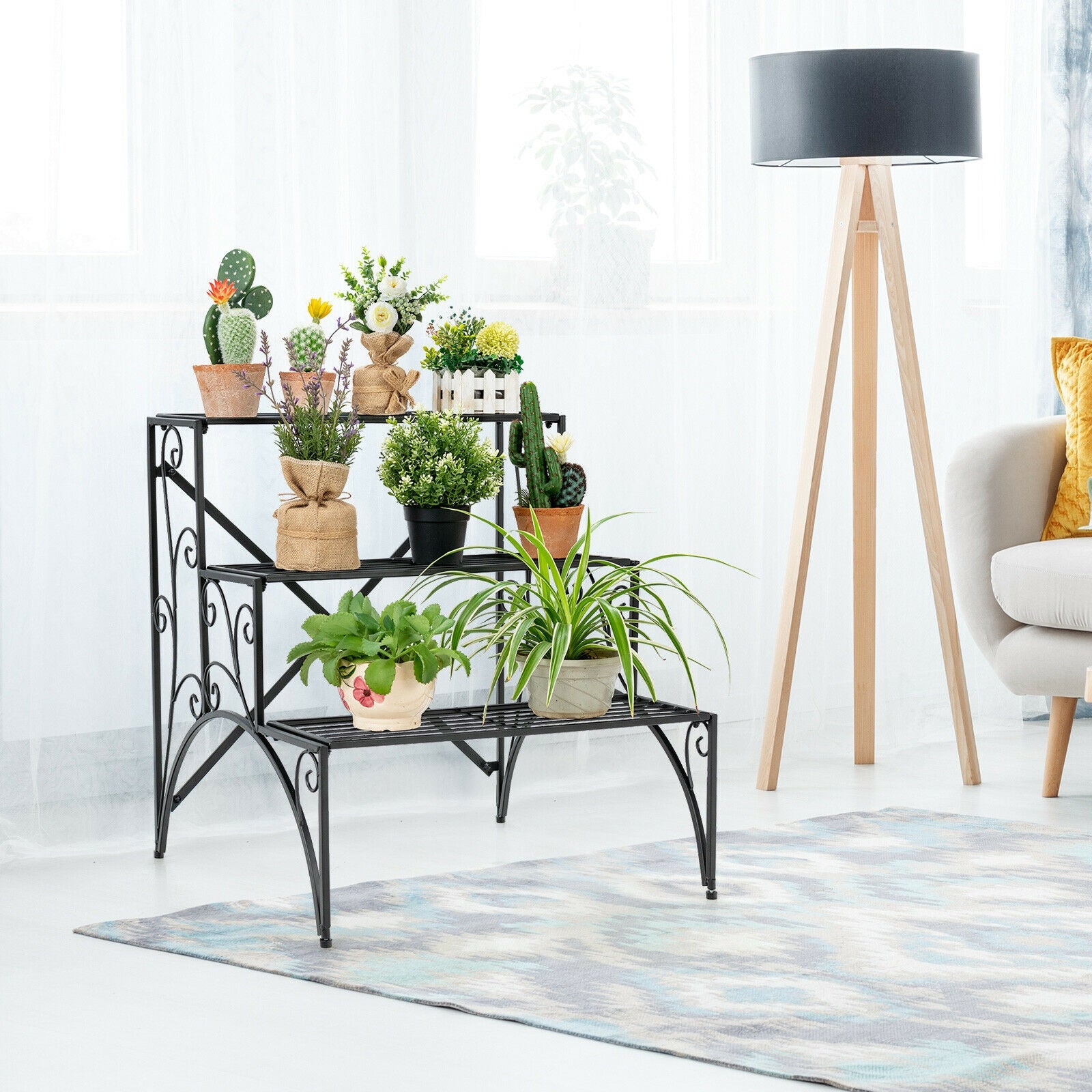 3-Tier Metal Plant Stand with Widened Grid Shelf for Porch Garden-Black 