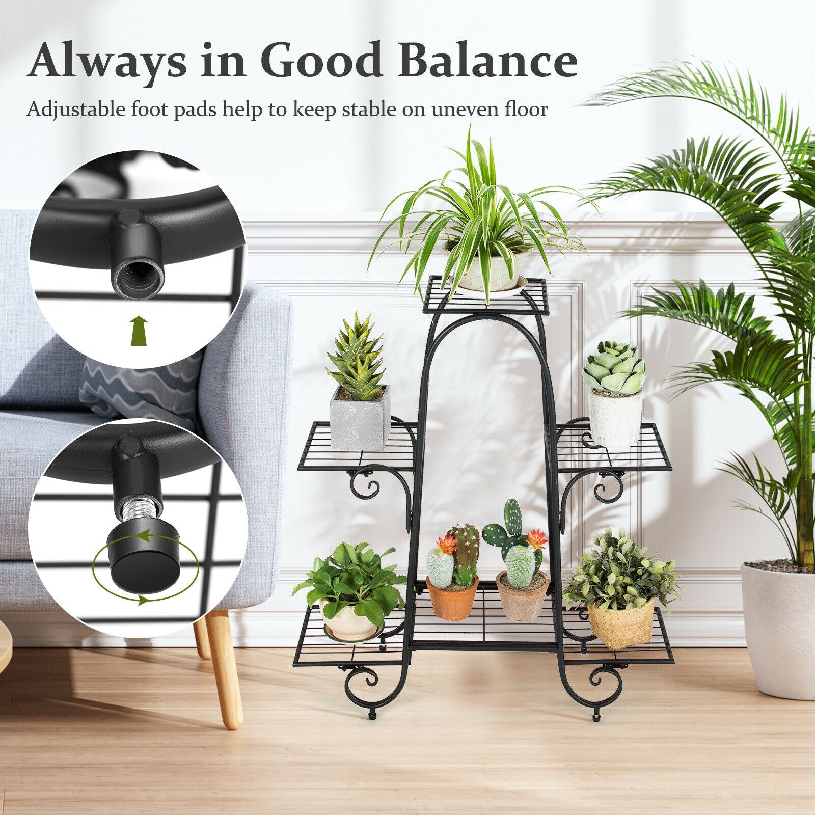 6-Tier Plant Stand with Adjustable Foot Pads-Black