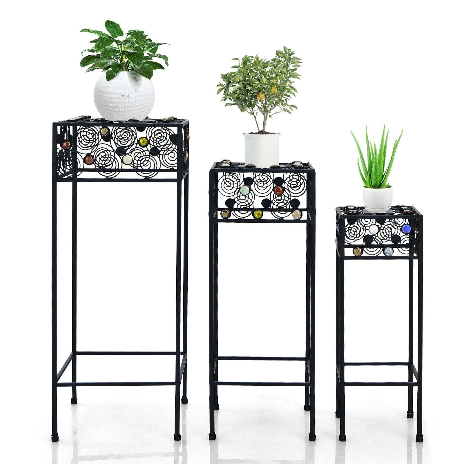 Set of 3 Metal Flower Pot Holder Rack with Colorful Ceramic Beads-Black