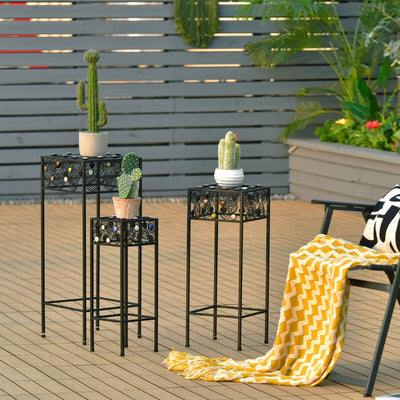 Set of 3 Metal Flower Pot Holder Rack with Colorful Ceramic Beads-Black 