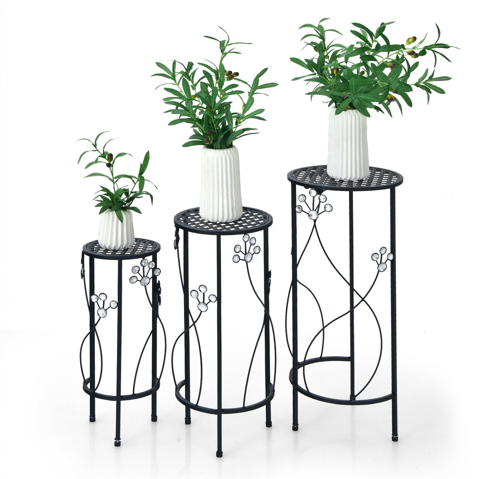 3 Pieces Metal Plant Stand Set with Crystal Floral Accents Round-Black