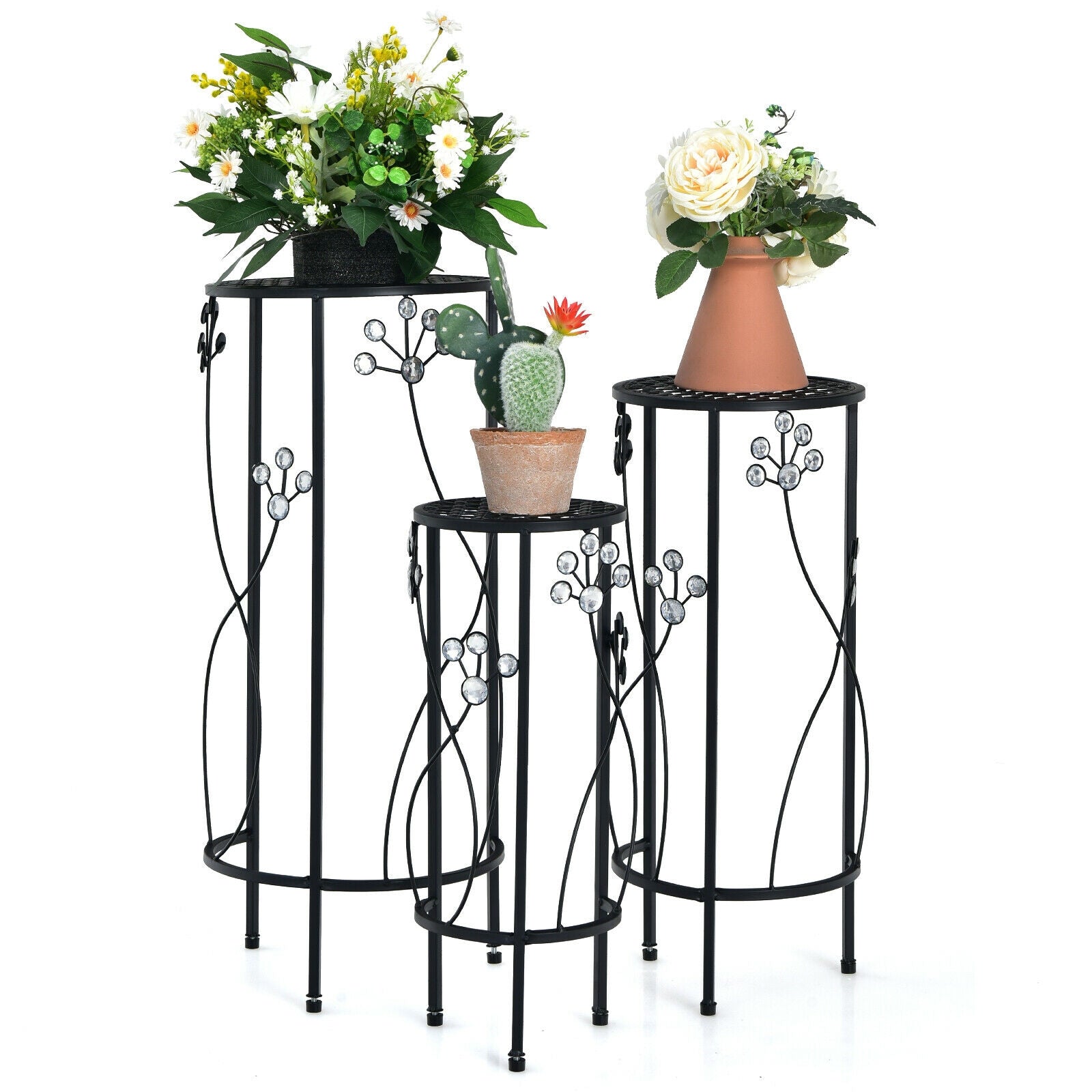 3 Pieces Metal Plant Stand Set with Crystal Floral Accents Round-Black