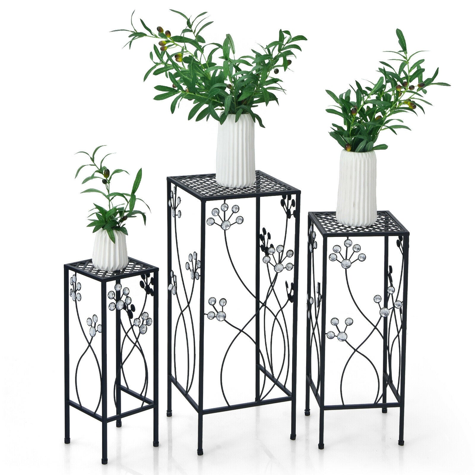 3 Pieces Metal Plant Stand Set with Crystal Floral Accents Square-Black