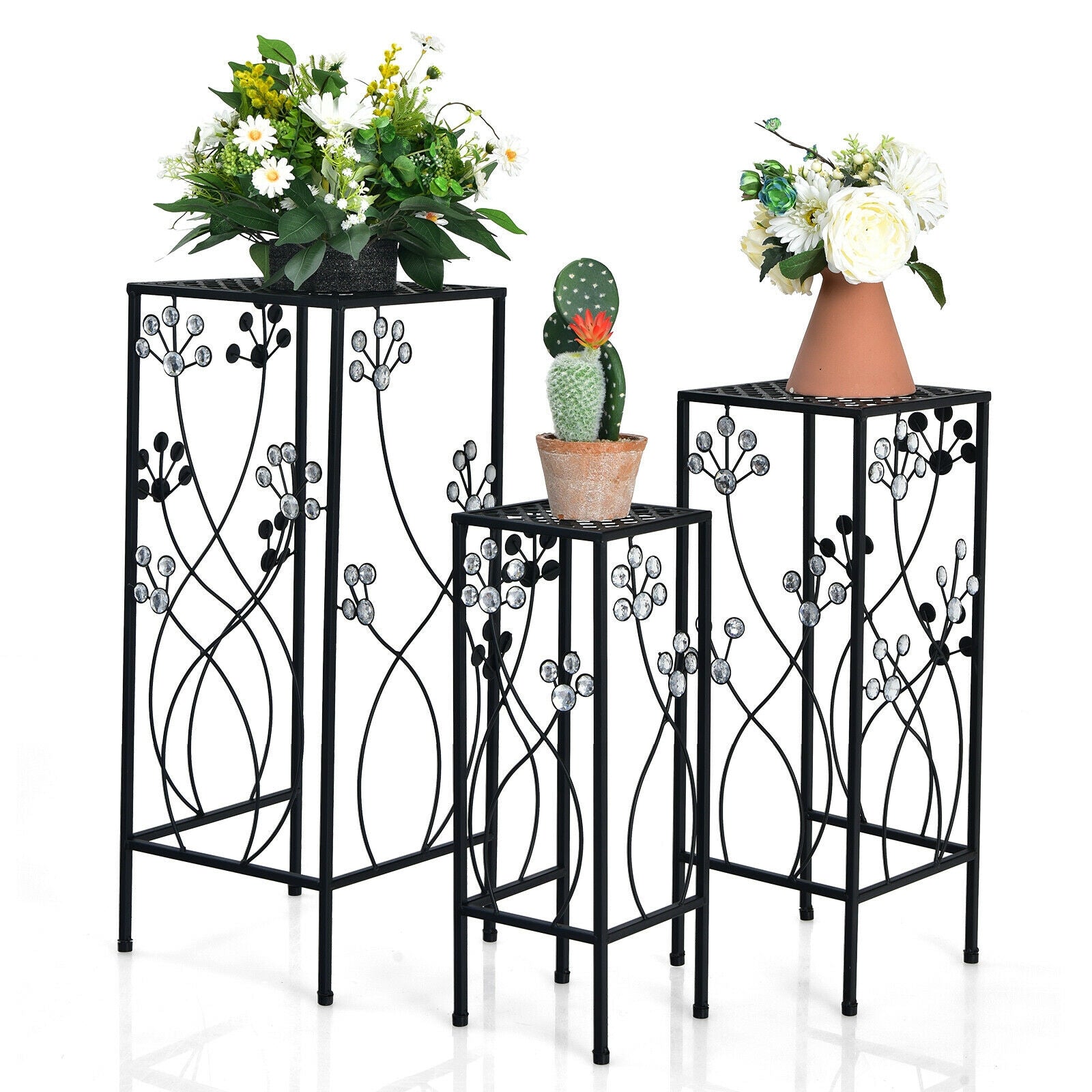 3 Pieces Metal Plant Stand Set with Crystal Floral Accents Square-Black