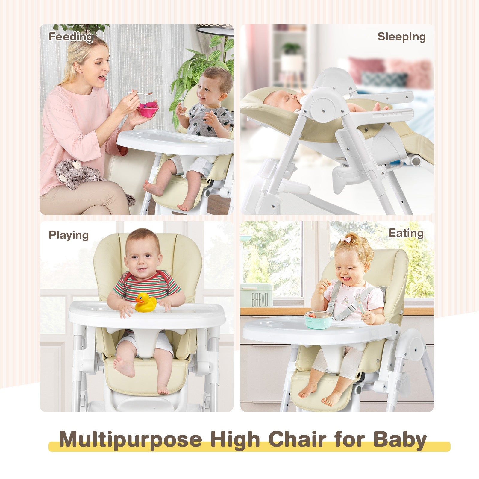 Baby Convertible Folding Adjustable High Chair with Wheel Tray Storage Basket-Beige 