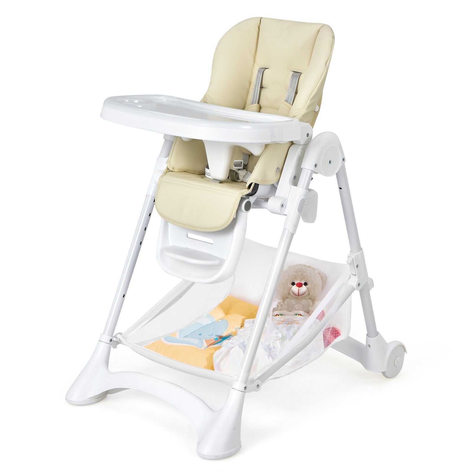 Baby Convertible Folding Adjustable High Chair with Wheel Tray Storage Basket-Beige 