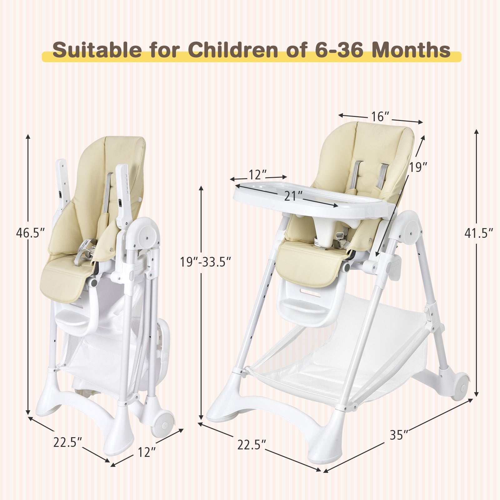 Baby Convertible Folding Adjustable High Chair with Wheel Tray Storage Basket-Beige 