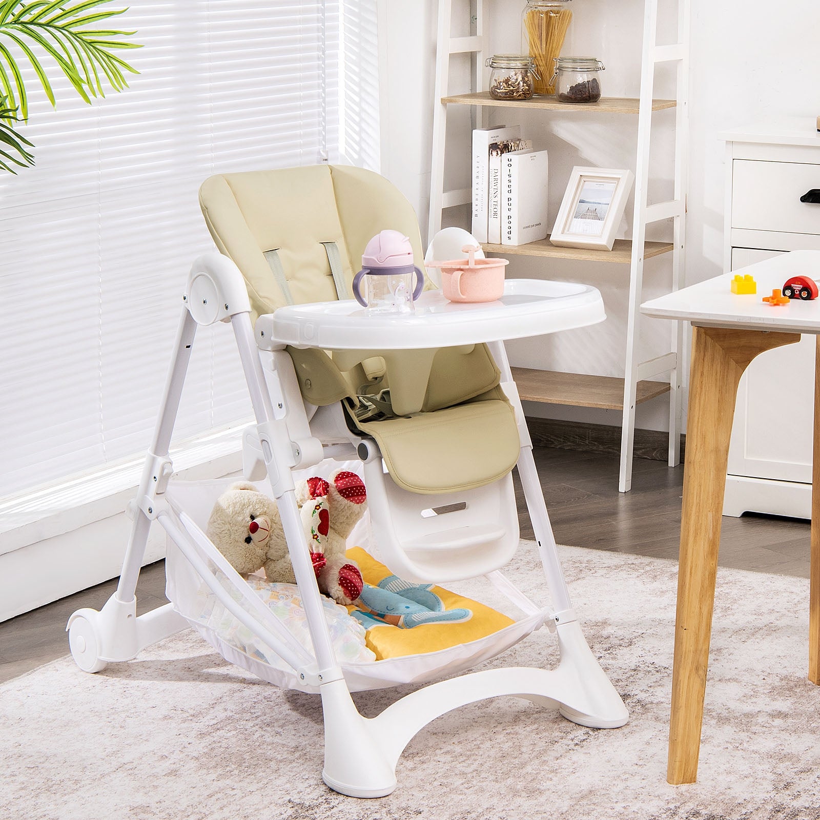 Baby Convertible Folding Adjustable High Chair with Wheel Tray Storage Basket-Beige 