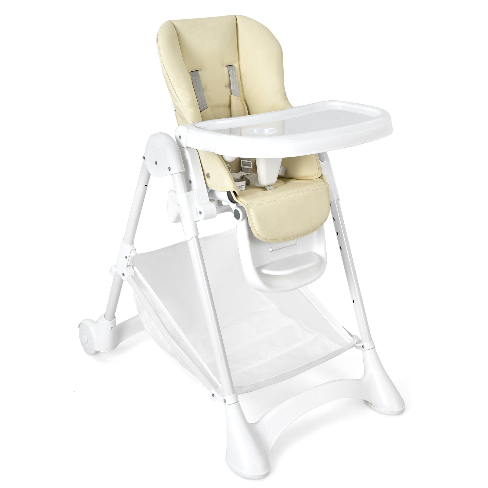 Baby Convertible Folding Adjustable High Chair with Wheel Tray Storage Basket-Beige 