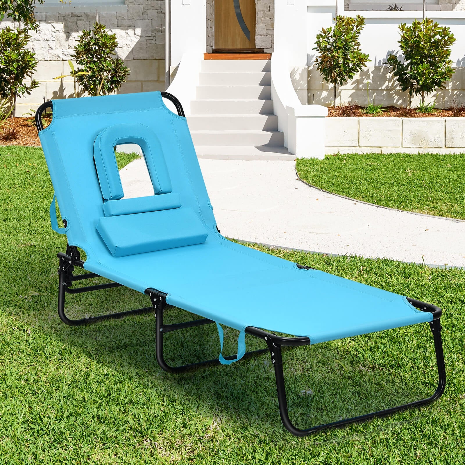 Outdoor Folding Chaise Beach Pool Patio Lounge Chair Bed with Adjustable Back and Hole-Turquoise 