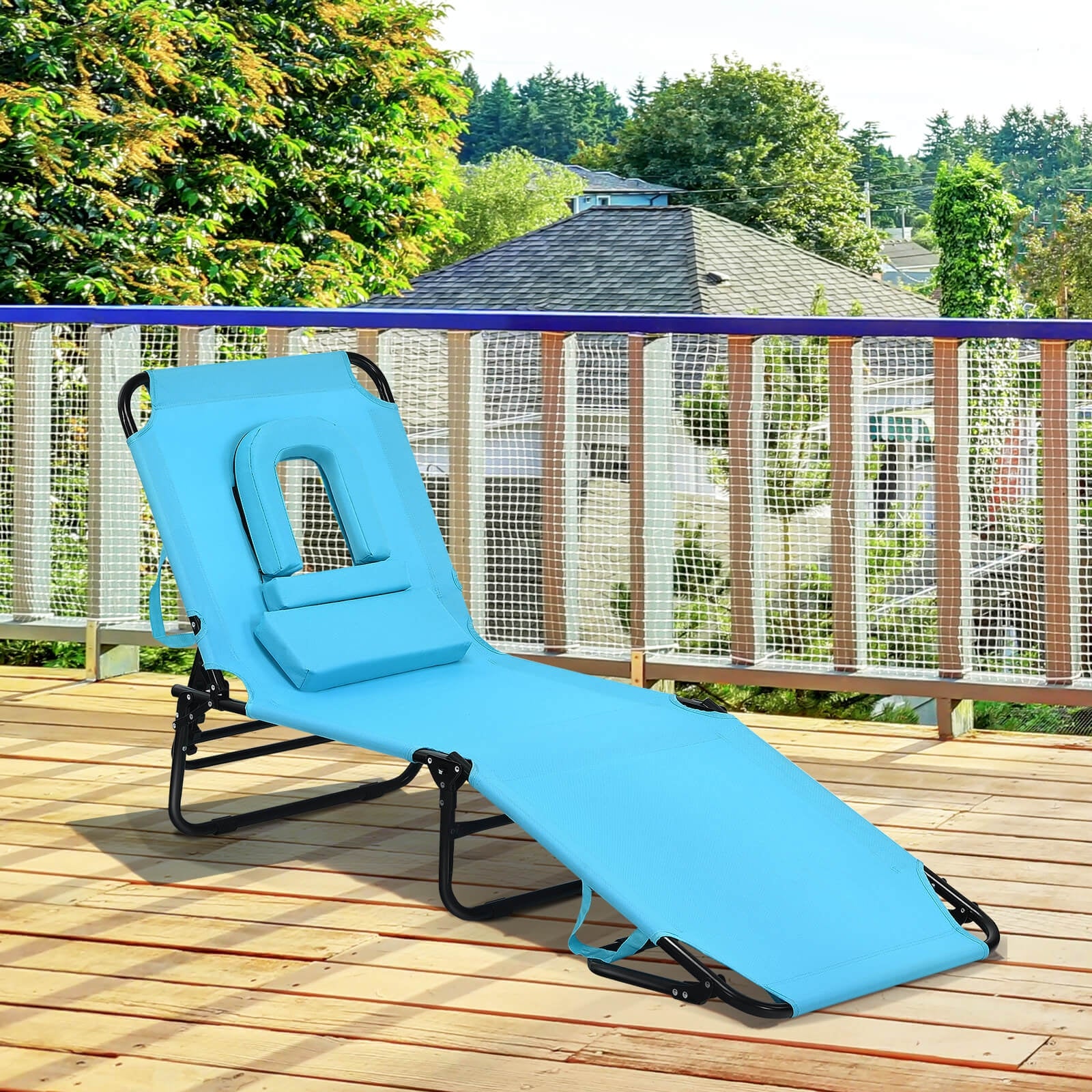 Outdoor Folding Chaise Beach Pool Patio Lounge Chair Bed with Adjustable Back and Hole-Turquoise 