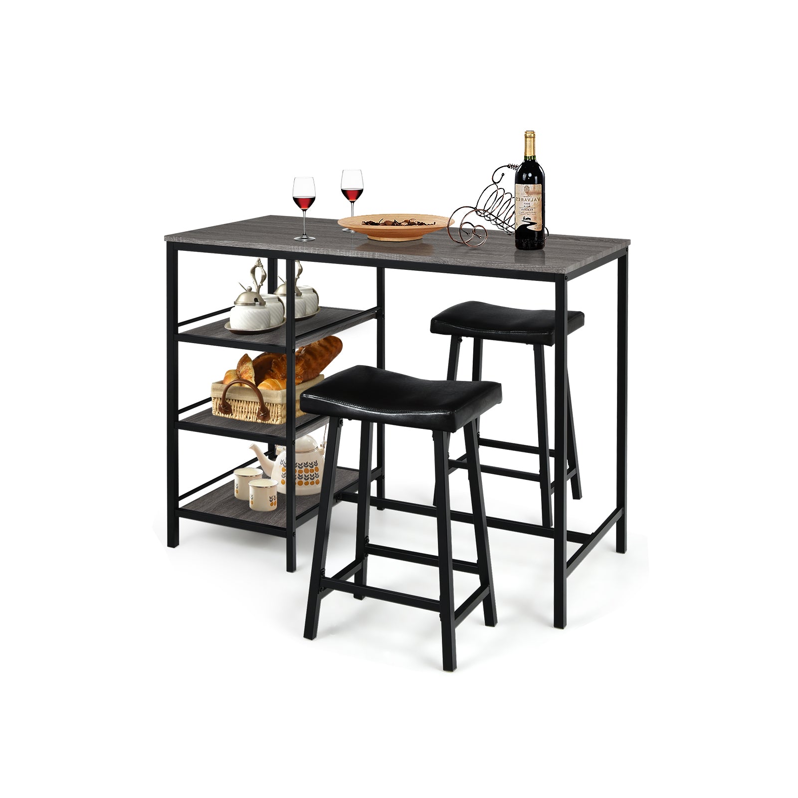 3 Pieces Counter Height Dining Bar Table Set with 2 Stools and 3 Storage Shelves-Gray