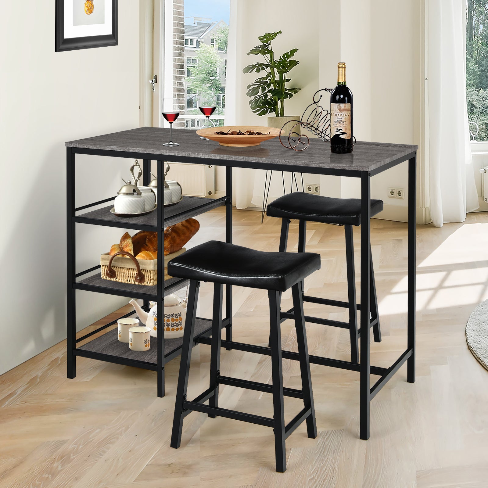 3 Pieces Counter Height Dining Bar Table Set with 2 Stools and 3 Storage Shelves-Gray 