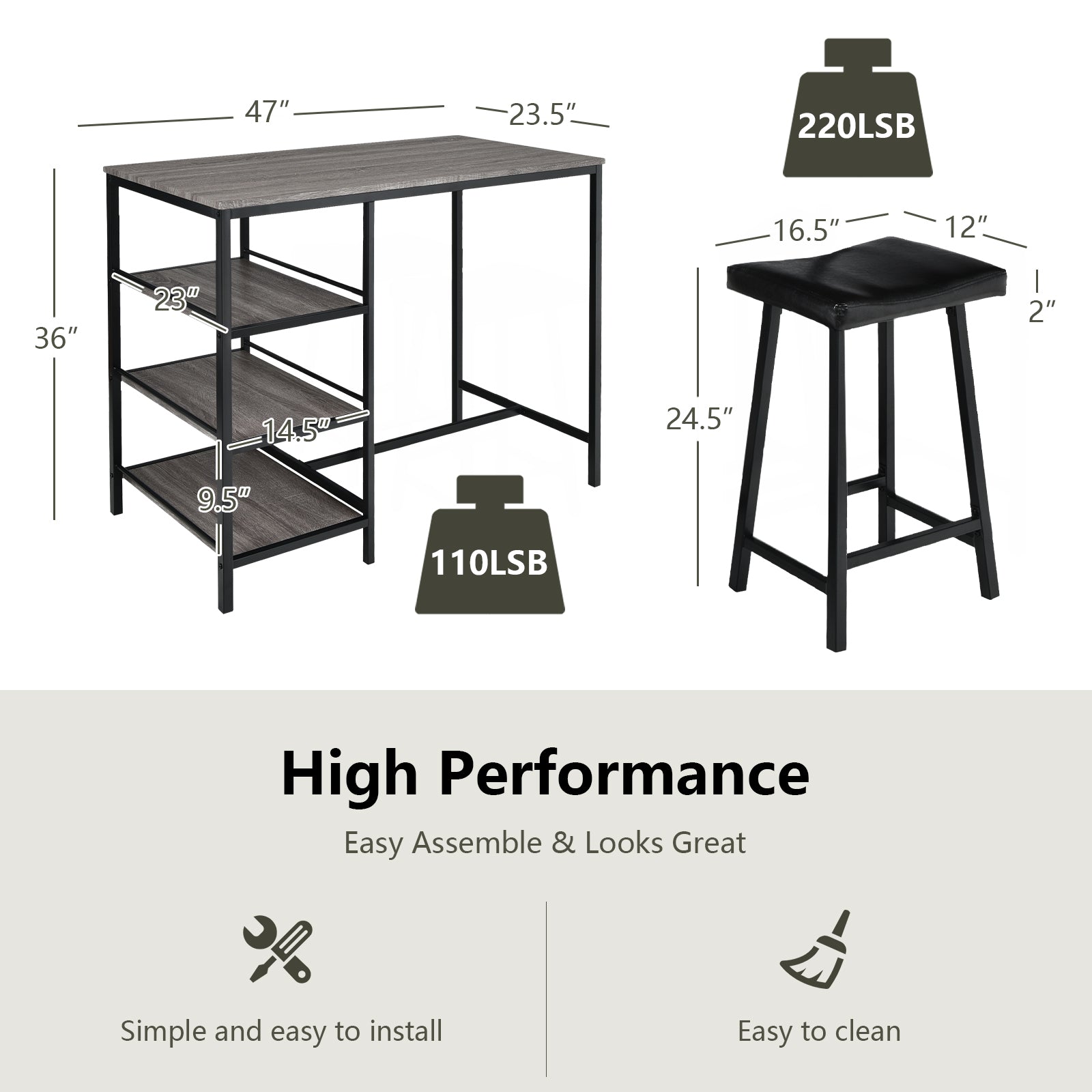 3 Pieces Counter Height Dining Bar Table Set with 2 Stools and 3 Storage Shelves-Gray