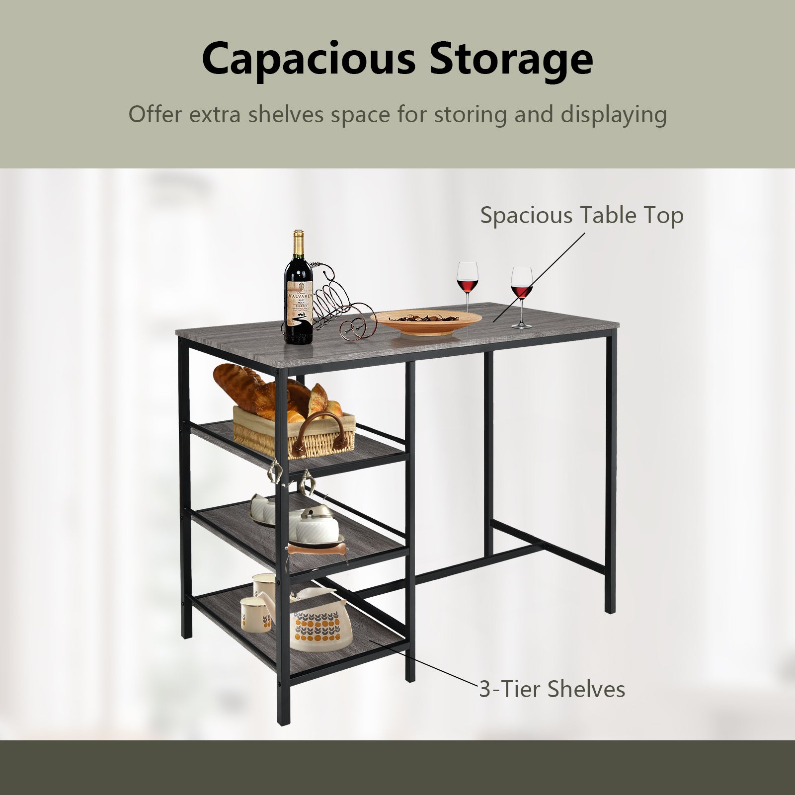 3 Pieces Counter Height Dining Bar Table Set with 2 Stools and 3 Storage Shelves-Gray