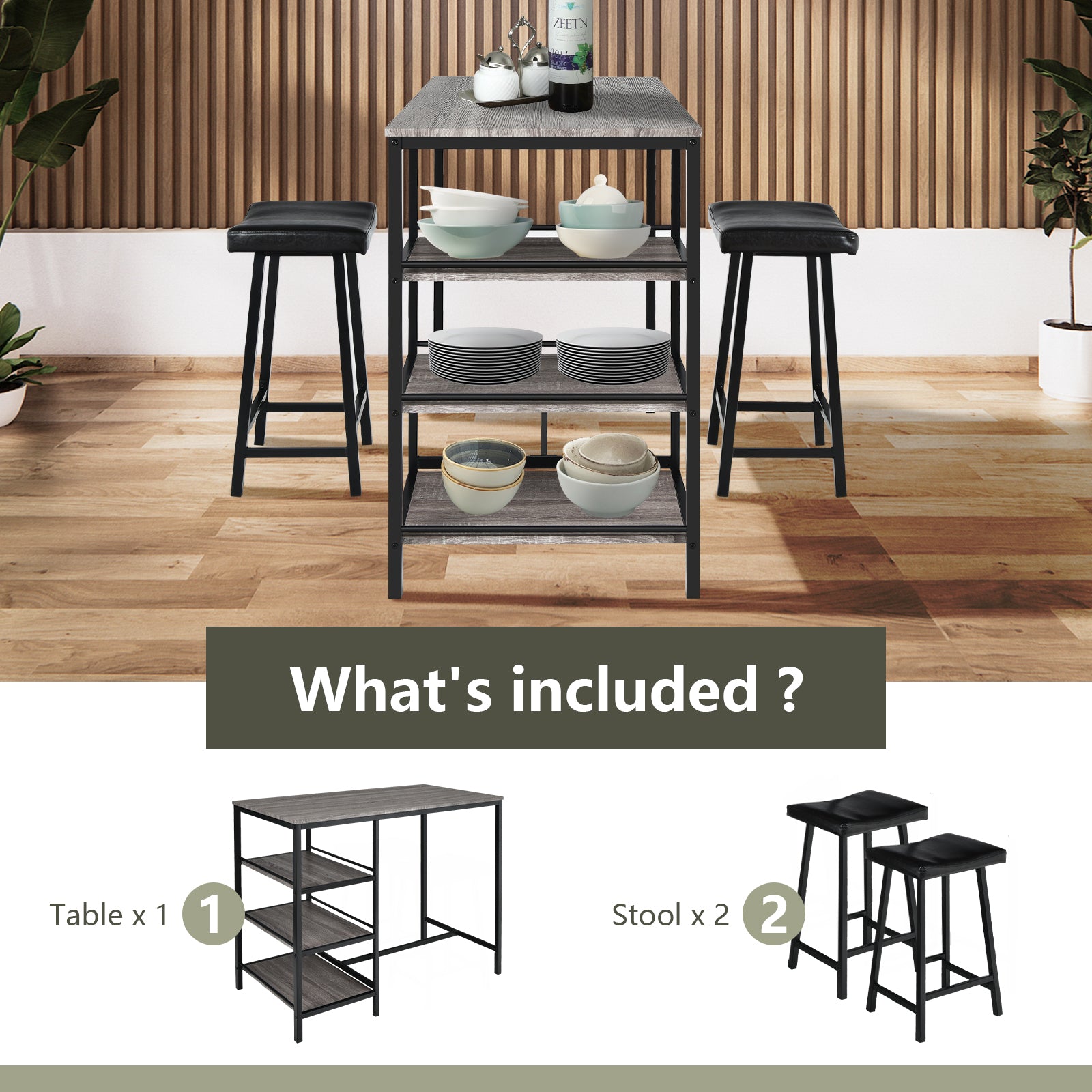 3 Pieces Counter Height Dining Bar Table Set with 2 Stools and 3 Storage Shelves-Gray 