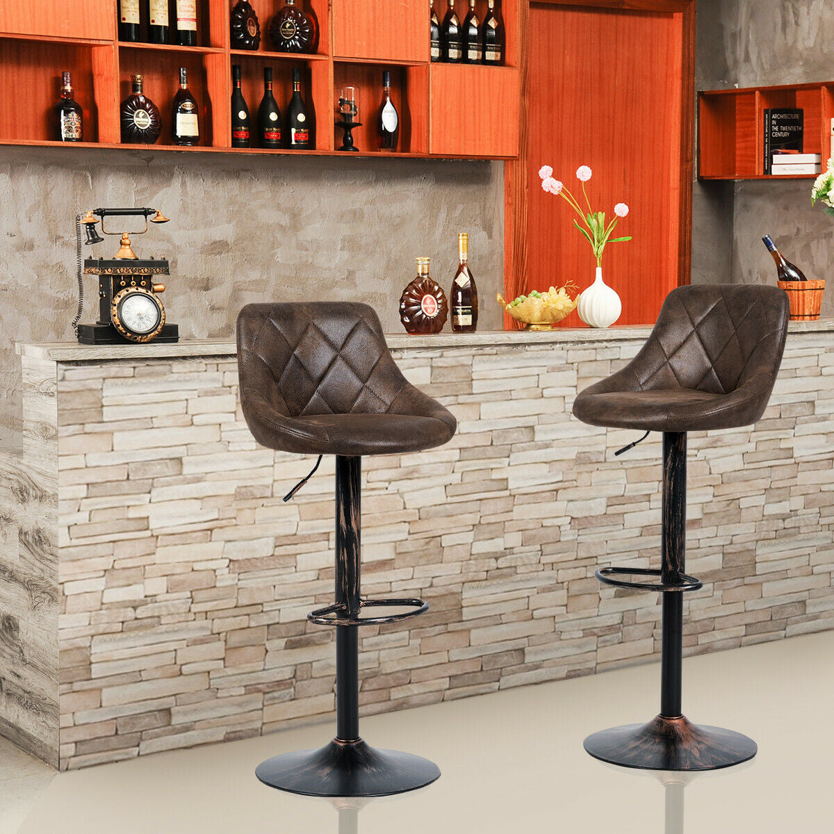 Set of 2 Adjustable Bar Stools with Backrest and Footrest 