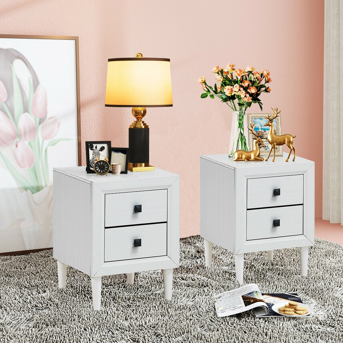 2Pcs Multipurpose Retro Nightstand with 2 Drawers-White