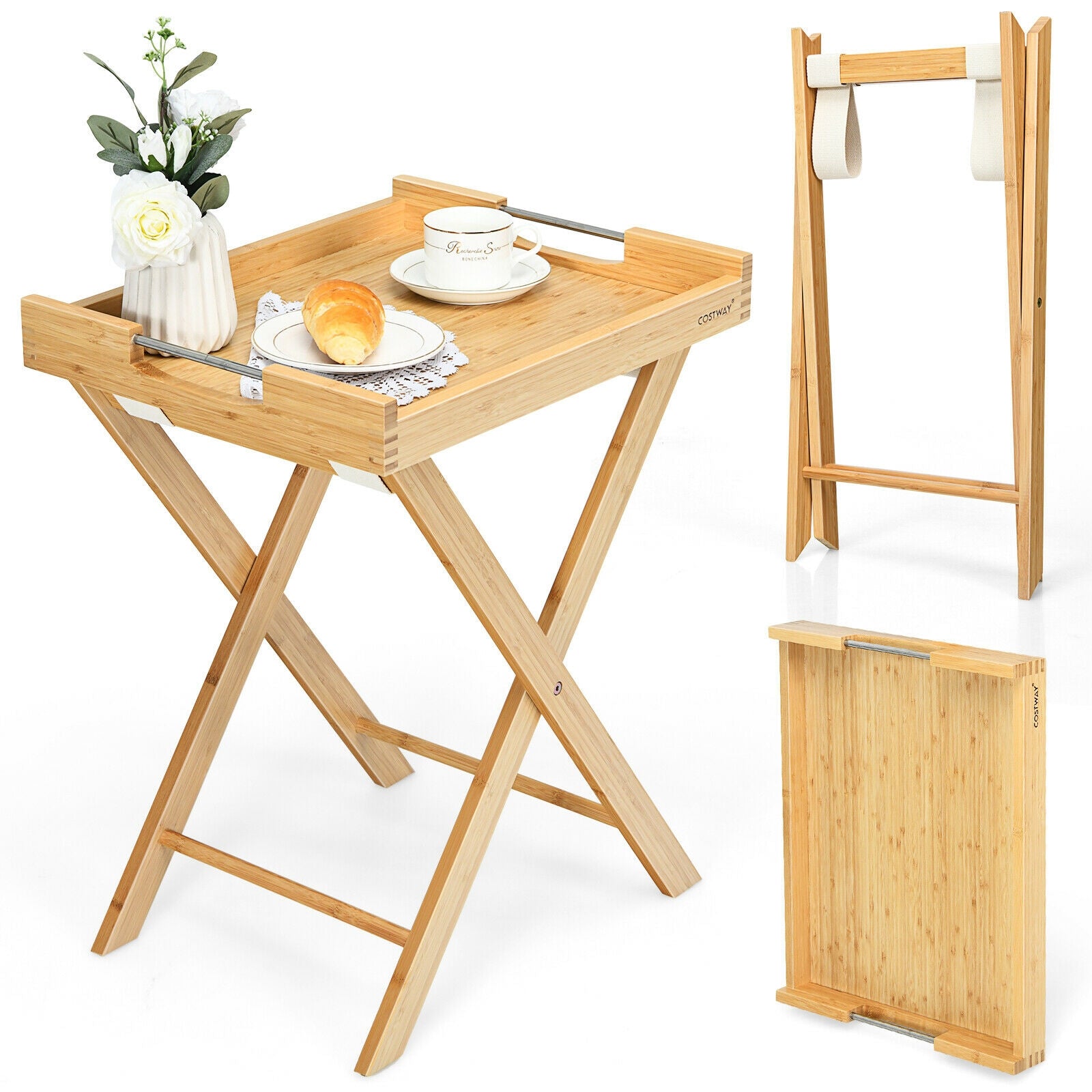 Bamboo Lipped Multi-Functional Snack Side Table-Natural