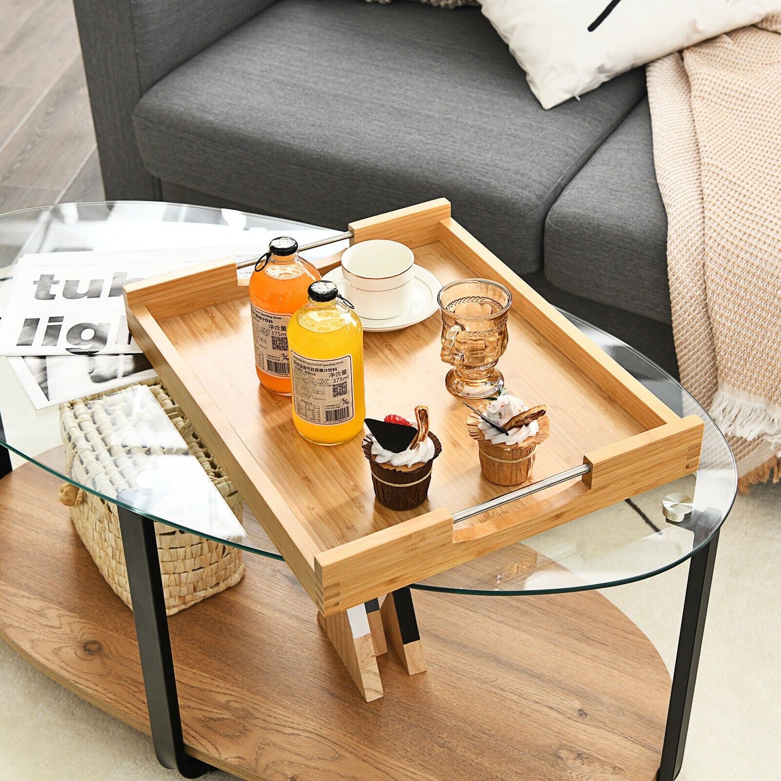 Bamboo Lipped Multi-Functional Snack Side Table-Natural