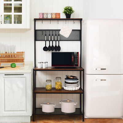 4-Tier Kitchen Rack Stand with Hooks and Mesh Panel 
