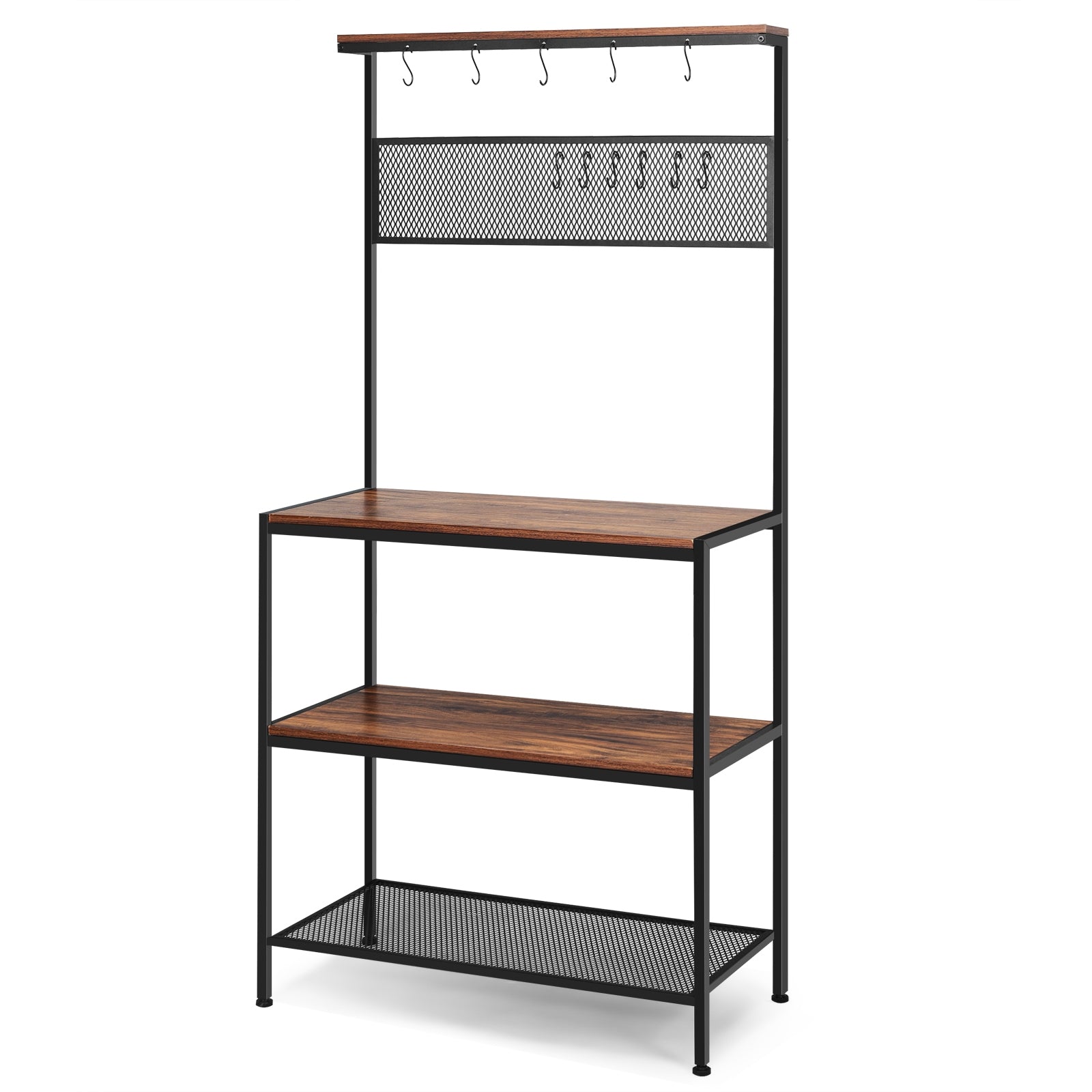 4-Tier Kitchen Rack Stand with Hooks and Mesh Panel