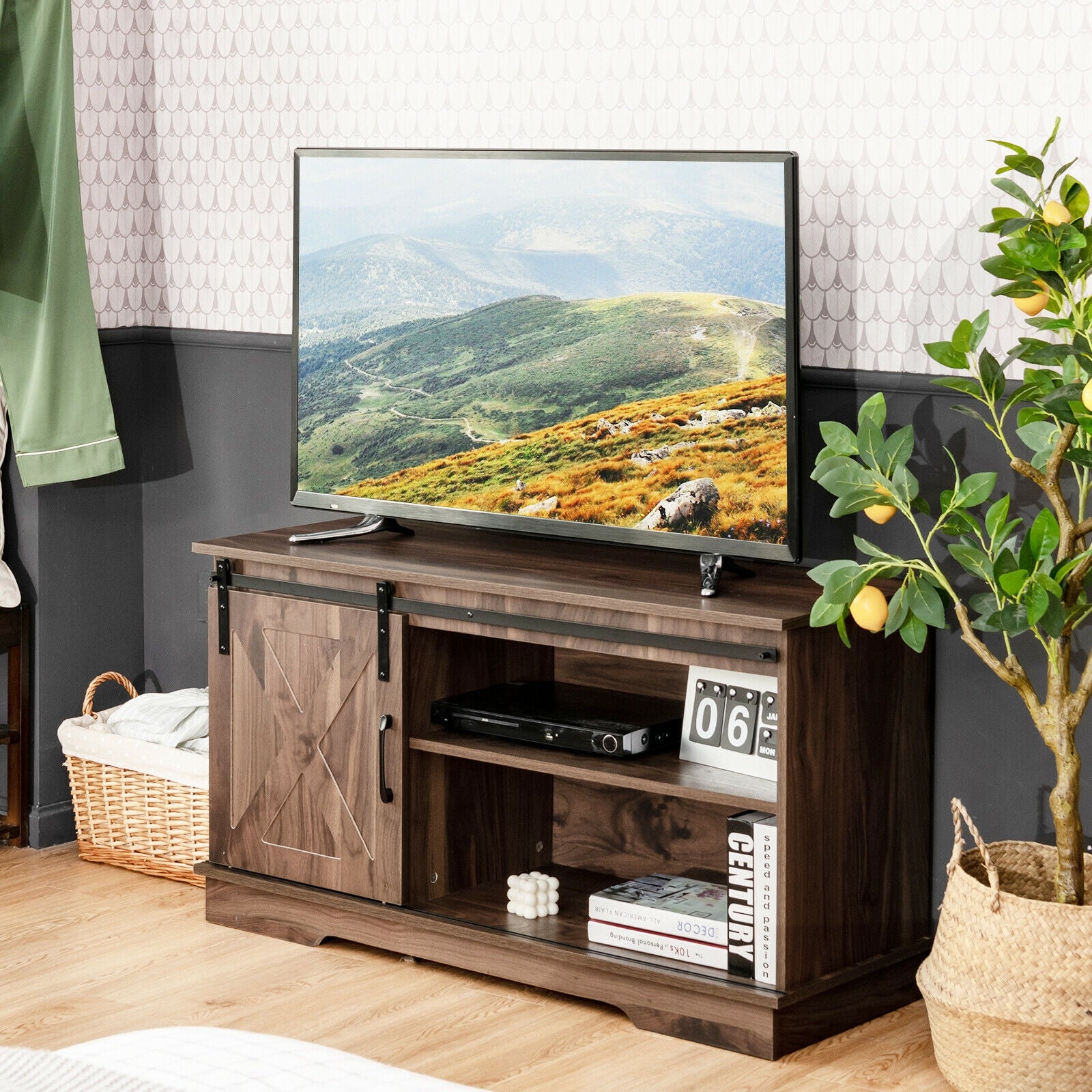 Sliding Barn Door TV Stand with Adjustable Shelf Cabinet-Dark Walnut