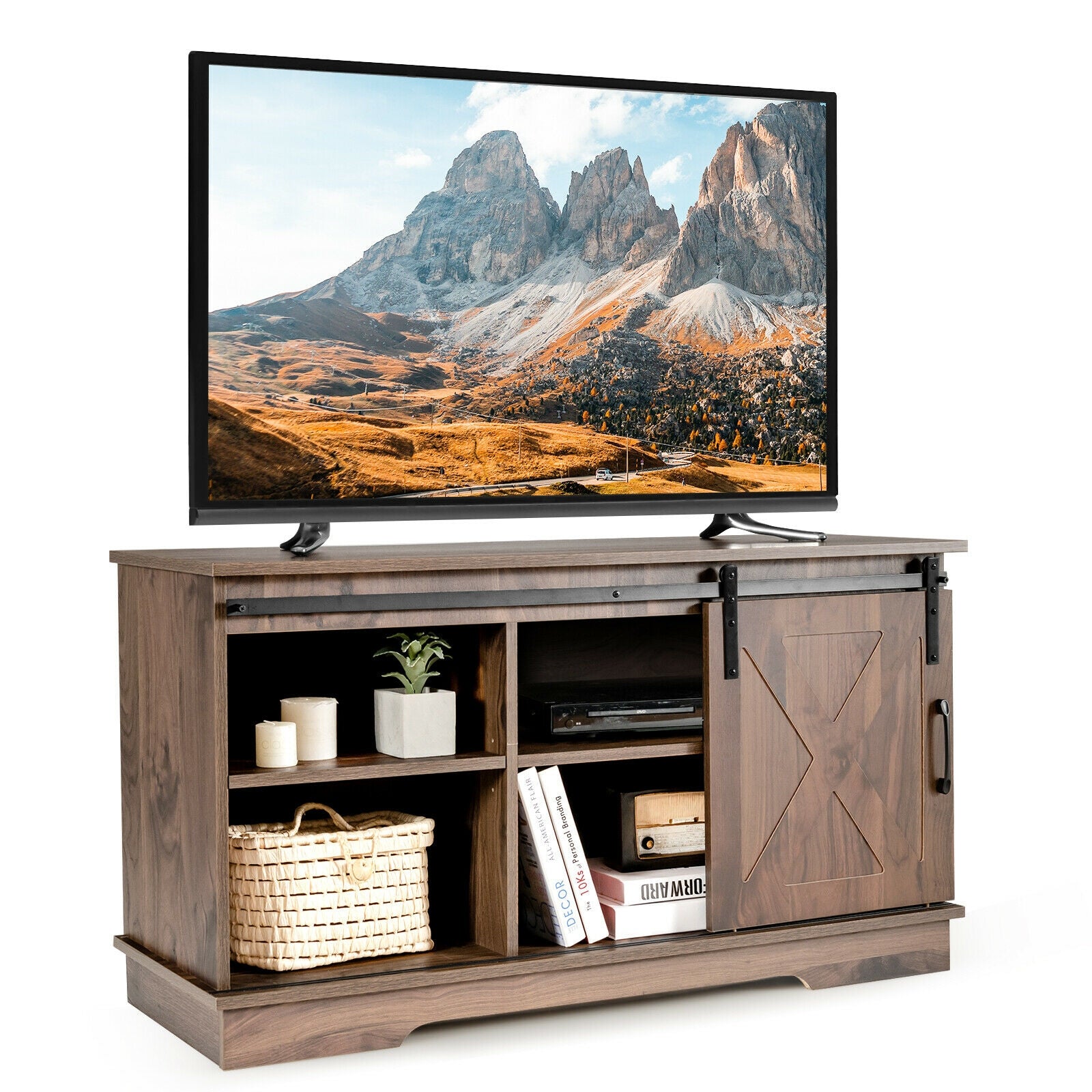 Sliding Barn Door TV Stand with Adjustable Shelf Cabinet-Dark Walnut